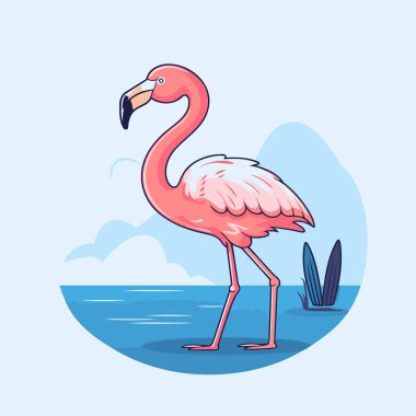 Denizin arka planında pembe flamingo. Vektör illüstrasyonu.