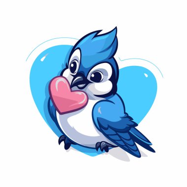 Beyaz arka planda kalbi olan sevimli mavi kuş çizgi filmi. Vektör illüstrasyonu.