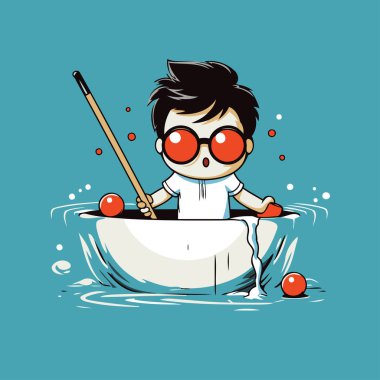 Çizgi filmci çocuk havuzda bilardo oynuyor. Vektör illüstrasyonu.