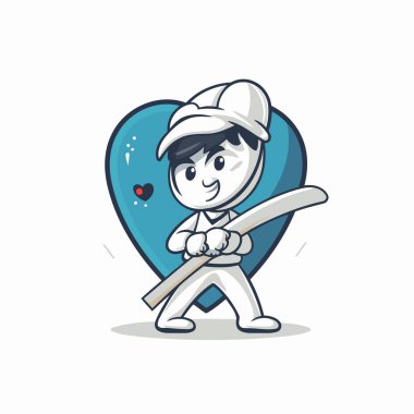 Kriket oyuncusu sopa tutuyor. Şirin çizgi film vektör illüstrasyonu.