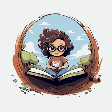 Parkta kitap okuyan bir kız. Vektör çizimi. Çizgi film karakteri.