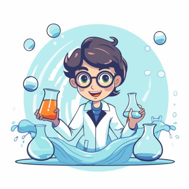 Laboratuvar önlüklü, gözlüklü, içinde kimyasallar olan küçük tatlı bir çocuk. Vektör illüstrasyonu.