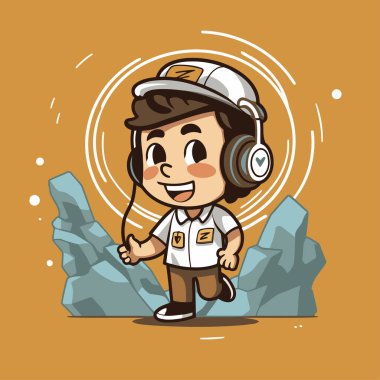 Kulaklıklı astronot çocuk ve rockçı vektör çizim grafik tasarımı