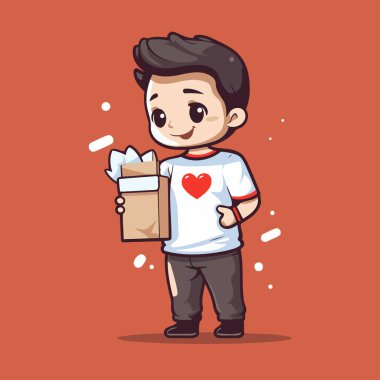 Hediye kutusu tutan sevimli çocuk. Çizgi film tarzında vektör illüstrasyonu.