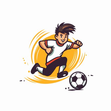 Futbolcu ve top. Bir futbolcunun topa vuruşunun vektör illüstrasyonu
