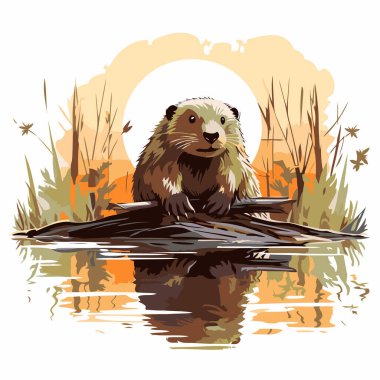 Bataklıktaki bir kütükte şirin bir su samuru. Vektör illüstrasyonu.