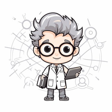 Beyaz arka plan üzerine kitabı olan bir bilim adamı. Vektör illüstrasyonu.