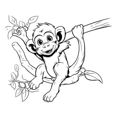 Bir dalda oturan ve elinde bir çiçek tutan bir maymun. Vektör illüstrasyonu.