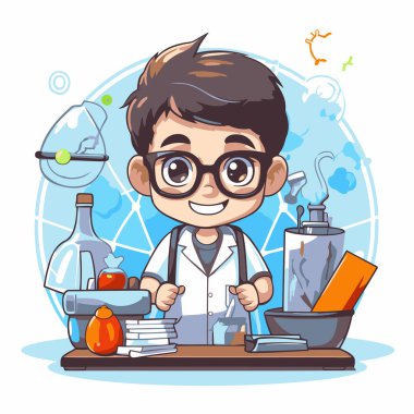 Laboratuvar önlüklü ve gözlüklü şirin çocuk kimya deneyi yapıyor. Vektör illüstrasyonu.