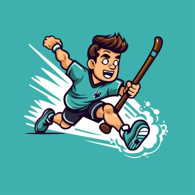 Bir hokey oyuncusunun sopa ve diskle koştuğunu gösteren karikatür çizimi.