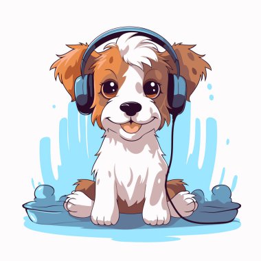 Kulaklıklı, müzik dinleyen sevimli çizgi film köpeği. Vektör illüstrasyonu.