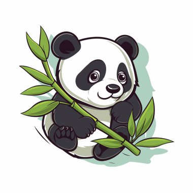 Bambu dalında oturan sevimli çizgi film pandası. Vektör illüstrasyonu.