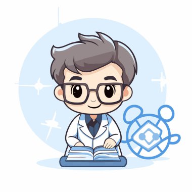 Bilim adamı çocuk kitap okuyor. Vektör çizgi film karakter çizimi tasarımı.