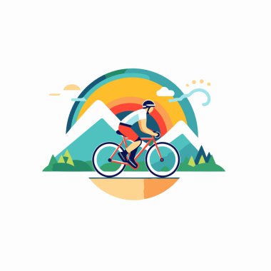 Bisiklet vektör logosu dizayn şablonu. Kasklı ve kasklı bisikletli bir bisikletçi..