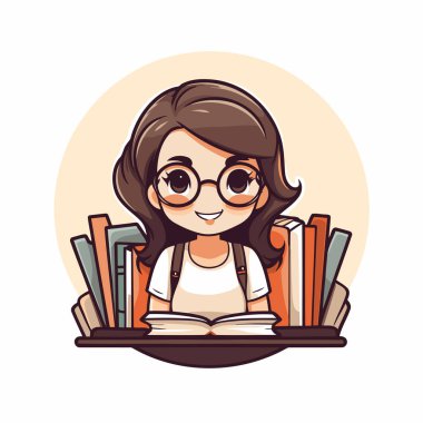 Gözlükleri ve kitapları olan tatlı bir çizgi film kızı. Vektör illüstrasyonu.