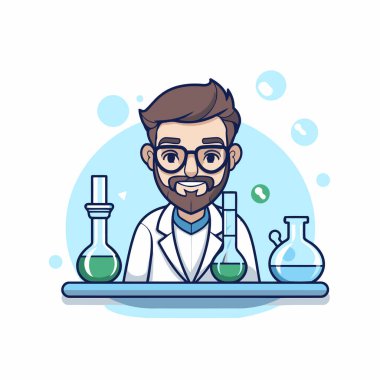 Laboratuvar önlüğü ve gözlüklü bilim adamı. Çizgi film tarzında vektör illüstrasyonu.