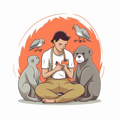 Köpek ve maymunla meditasyon yapan bir adamın vektör çizimi.