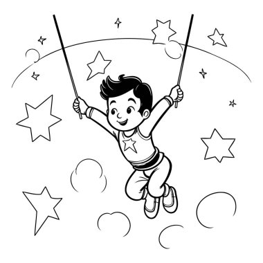 Yıldızlı gökyüzünde salıncakta uçan bir çocuk. Vektör illüstrasyonu.