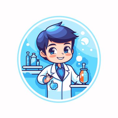 Bilim adamı çocuk çizgi film karakteri. Düz bir şekilde vektör illüstrasyonu.