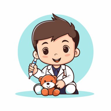 Oyuncak ayı çizgi film vektör çizimi grafik tasarımı tutan yakışıklı çocuk doktor.