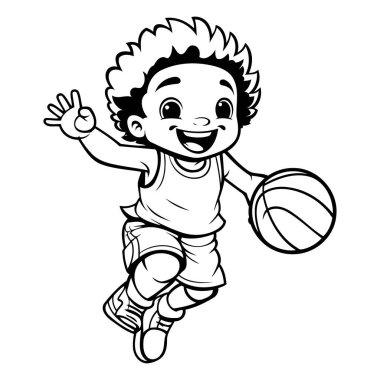 Basketbol oynayan küçük çocuk - Siyah ve Beyaz Çizgi Film İllüstrasyonu. Vektör