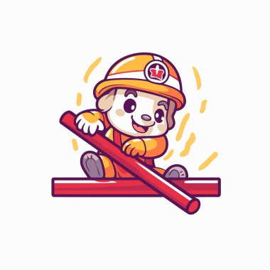 Üniformalı ve kasklı sevimli bir itfaiyeci karakteri. Vektör illüstrasyonu.