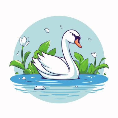 Çiçeklerle dolu bir gölde yüzen beyaz bir kuğunun vektör çizimi.