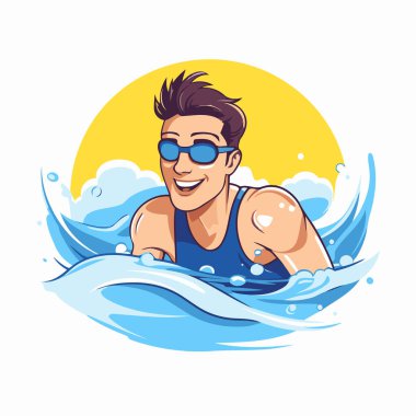 Suda bardakları olan yüzücü adam. Vektör çizimi. Beyaz arkaplanda izole.