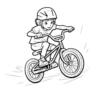 Bisiklet süren kasklı çocuk. Tasarımın için çizim. Vektör illüstrasyonu