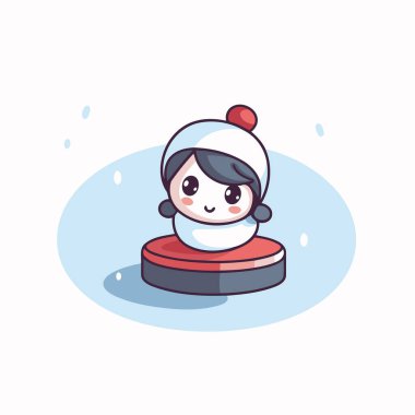 Kartopu üzerinde kardan adam kostümü giymiş küçük tatlı bir kızın vektör çizimi.