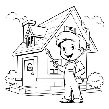 Çizgi filmci çocuğun boyama evinin temsilcisi. Siyah ve beyaz resim.