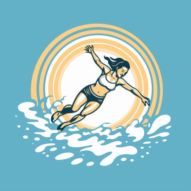 Suya atlayan mayolu bir kız. Güneşin arka planında mayo giymiş bir kızın vektör çizimi.