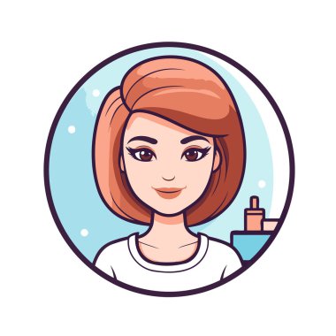 Güzellik salonundaki kadın yuvarlak bir ikona bakıyor. Çizgi film tarzında vektör illüstrasyonu.