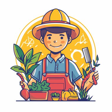 Bahçıvanlık aletleriyle çiftçi. Düz bir şekilde vektör illüstrasyonu.