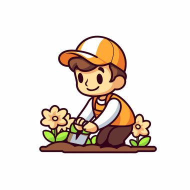 Bahçede çalışan sevimli çocuk. Beyaz arkaplanda vektör illüstrasyonu.
