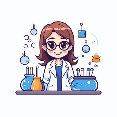 Laboratuvarda çalışan sevimli küçük kız bilim adamı. Düz biçimli vektör illüstrasyonu