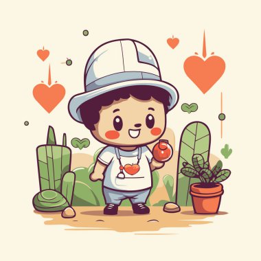 Kalbi ve kaktüsü olan tatlı bir çocuk. Vektör çizgi film illüstrasyonu.