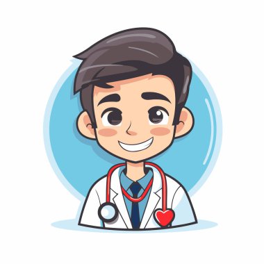 Stetoskobu olan sevimli bir karikatür doktoru. Vektör illüstrasyonu.