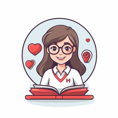 Gözlüklü bir kızın yuvarlak bir çerçevede kitap okumasının vektör çizimi.