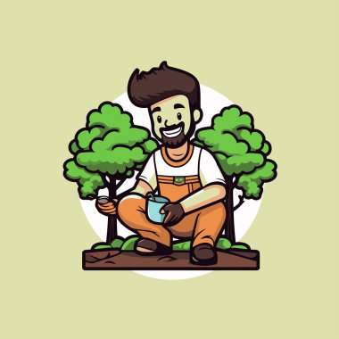 Elinde su kovası olan bir bahçıvan. Vektör illüstrasyonu.