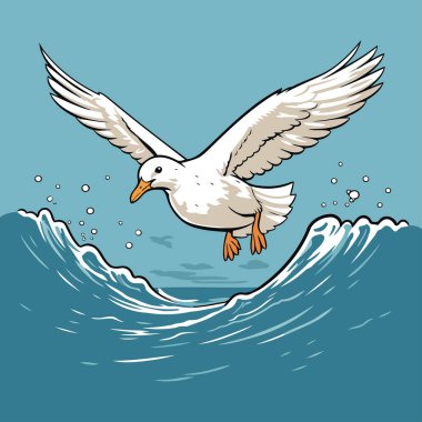 Martı denizin üzerinde uçuyor. Çizgi film tarzında vektör illüstrasyonu