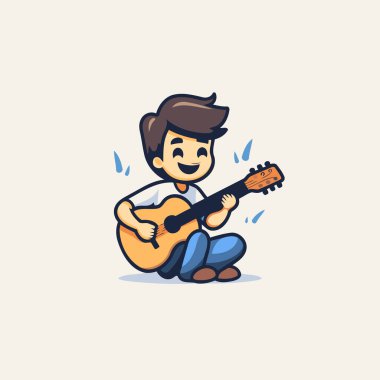 Gitar çalan yakışıklı çocuk. Çizgi film tarzında vektör illüstrasyonu.
