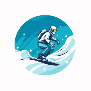 Snowboardcu dalga sürüyor. Beyaz arkaplanda vektör illüstrasyonu.