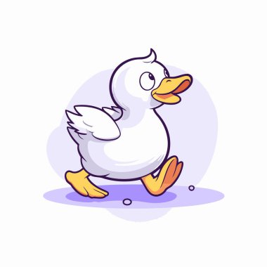 Beyaz arka planda koşan sevimli çizgi film ördek yavrusu. Vektör illüstrasyonu.