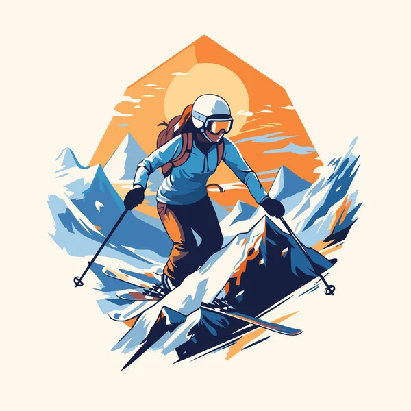 山でスキーをする女性 レトロスタイルのベクトルイラスト — ストックベクタ
