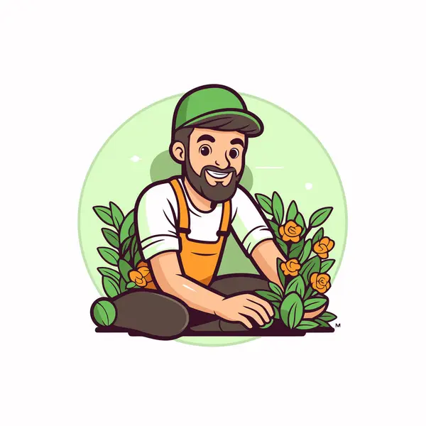 Tuinman Met Bloemen Vector Illustratie Cartoon Stijl Witte Achtergrond — Stockvector