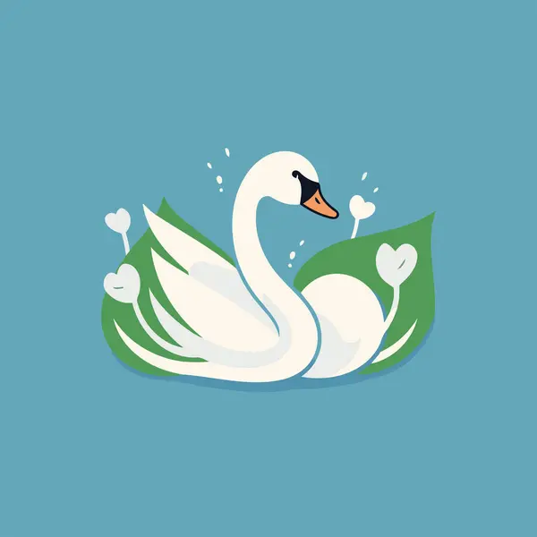 Vektorová Ilustrace Bílé Labutě Zelené Trávě Srdcem — Stockový vektor