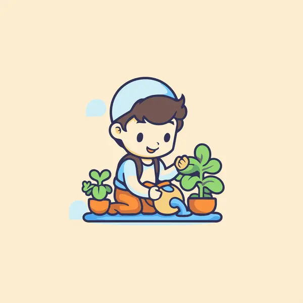 Vector Illustration Boy Planting Houseplant Pot — Stock Vector