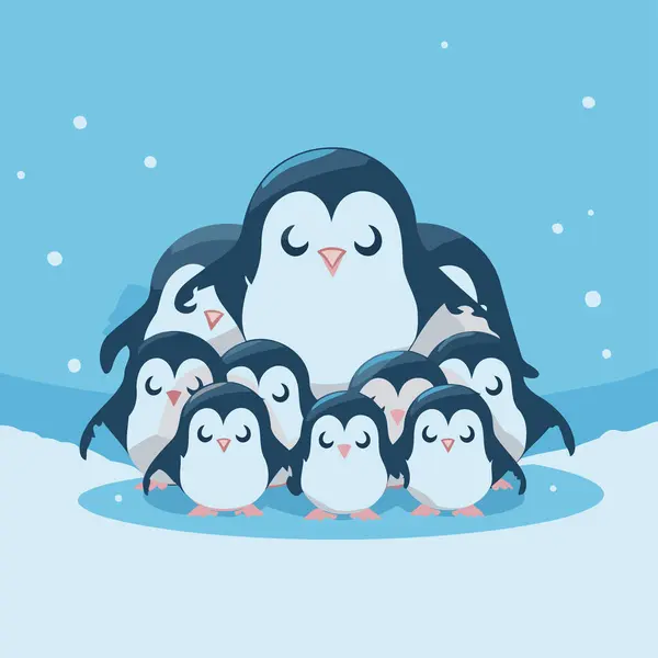 Grupo Pingüinos Nieve Lindo Vector Dibujos Animados Ilustración — Archivo Imágenes Vectoriales