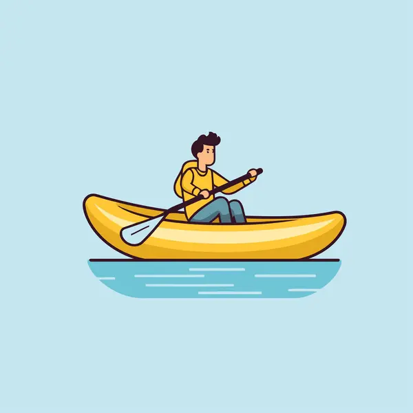 坐皮划艇的男人平面卡通风格的矢量插图 — 图库矢量图片
